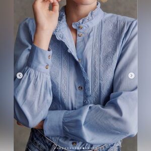 Sézane Chlo Vintage Blue Lace-Trim Button Front Blouse